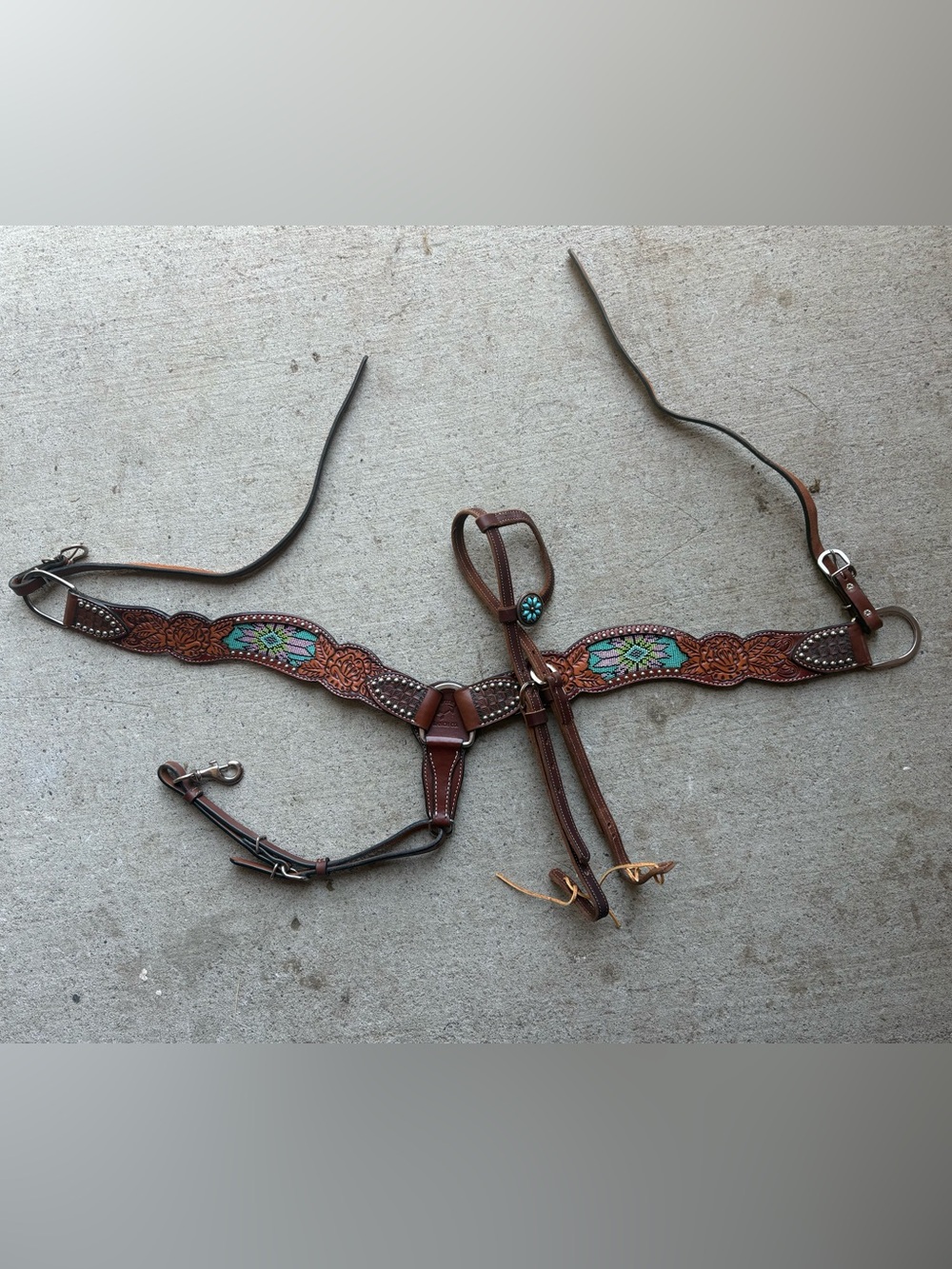 Tooled Leather Breast Collar & Headstall with Turquoise Concho - Brown & Teal